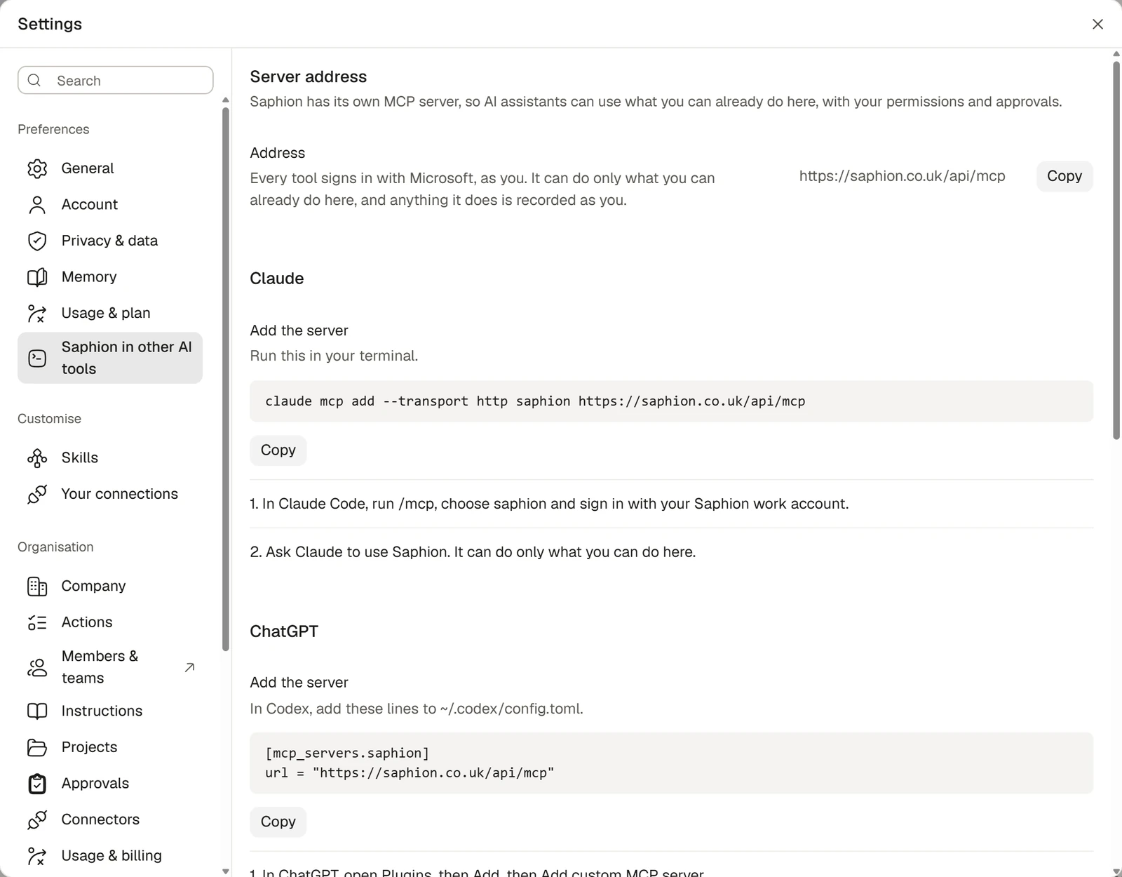 Settings showing how to add Saphion to Claude and ChatGPT