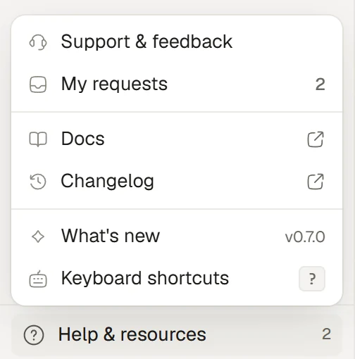 The Help & resources menu: Support & feedback, My requests, Docs, Changelog, What's new and Keyboard shortcuts